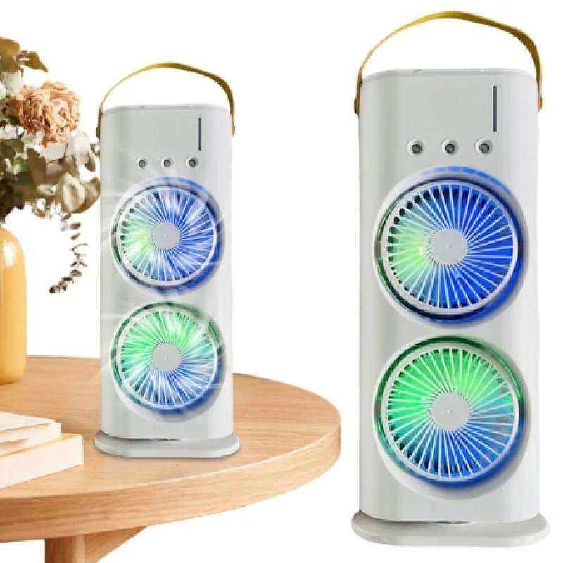 Double Head Air Cooler Mist Fan – Rechargeable Desk Cooler (3 Speeds + Remote + Night Light)