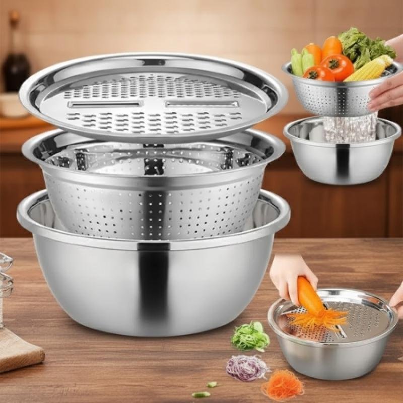 3-in-1 Stainless Steel Bowl Drain Set – Multifunction Vegetable Slicer, Strainer & Basin