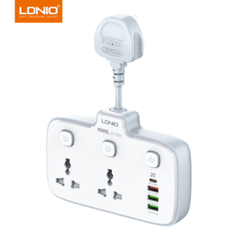 LDNIO SC2413 PD & QC3.0 2 Universal Outlets Power Socket — 2 Universal AC Outlets with Fast USB PD & QC3.0 Charging (White)